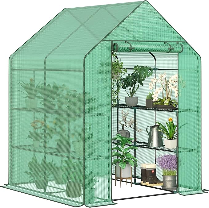 LEMY Walk-in Greenhouse for Outdoors,2-Tier 8 Shelves Heavy-Duty PE Cover with Roll-Up Zipper Door and Windows,Steel Frame Plant Hot House with Anchors,Ropes for Garden,Patio