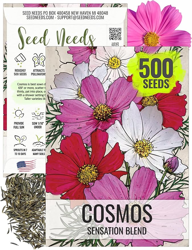 Seed Needs Cosmos Seeds for Planting Sensation Blend Cosmo - Heirloom & Open Pollinated Wild Flower Mixture - Colorful Flowers Make a Great Cut Flower and Attracts Butterflies & Pollinators (1 Pack)