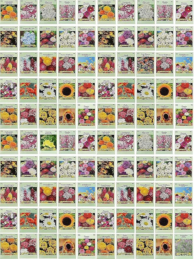 Set of 100 Flower Seed Packets - Flower Seeds in Bulk - 15 or More Varieties Available - Great for Creating Colorful Gardens (100)