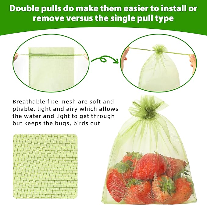 EWPJDK 70pcs Fruit Protection Bags 6x8 inch Green Netting Cover Drawstring Mesh Tomato Protectors Bags Pest Barrier for Blueberry Small Fruit Veggies Garden (70, 6x8 inch)