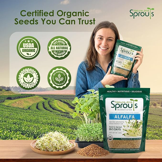 Nature Jims Sprouts Alfalfa Seeds – Non-GMO Organic Sprout Growing Kit for Planting – Premium Resealable Bag for Fresh Homegrown Sprouting Seeds – Rich in Nutrients, Vitamins, Fiber & Minerals – 16oz