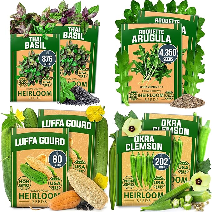 Summer Vegetable & Herb Gardens – 9,300+ Non-GMO USA Seeds – Includes Luffa Gourd (80), Clemson Spineless Okra (300), Thai Basil (876), and Arugula (4,350) – Heirloom Seed Variety Pack