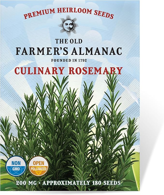 The Old Farmer's Almanac Heirloom Culinary Rosemary Herb Seeds - Premium Non-GMO, Open Pollinated, Drought & Cold Tolerant (1 Packet - 200 MG - Approx 180 Seeds)