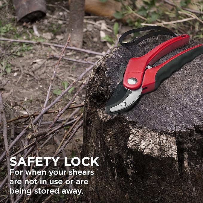 Nevlers 8" Anvil Pruning Shears for Gardening | Hand Pruners for Gardening w/Stainless Steel Blades, 8mm Cut Cap | Garden Clippers Handheld w/Safety Lock | Pruning Shears Heavy Duty Design — Red