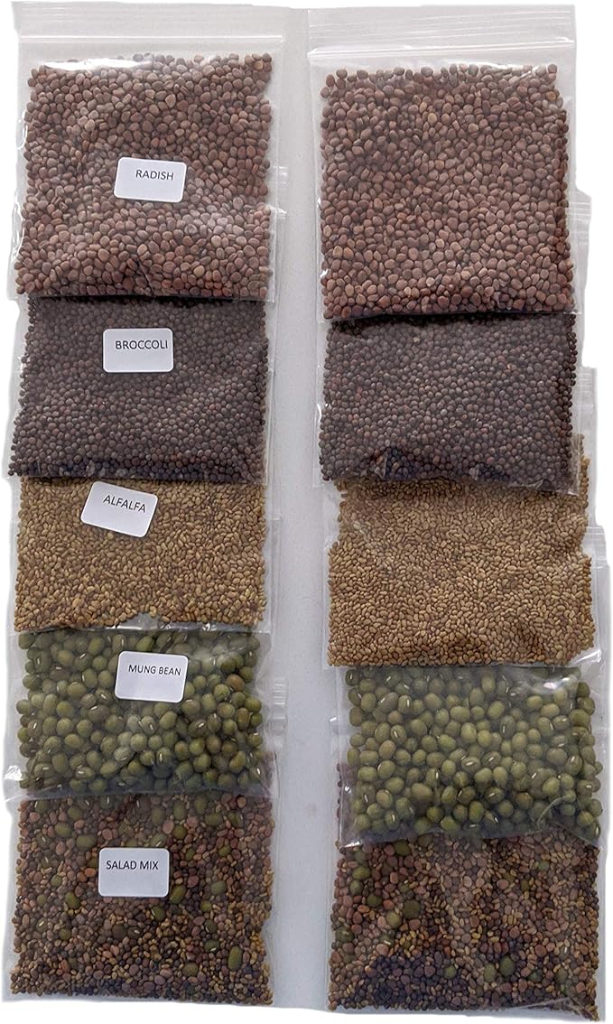 Variety Pack Sprouting Seeds Broccoli, Alfalfa, Radish, Mung beans & Salad Mix for Sprouts and Microgreens. Non-GMO. Pack of 10 premeasured seeds for quart size jars or trays. Includes 2 packs of each