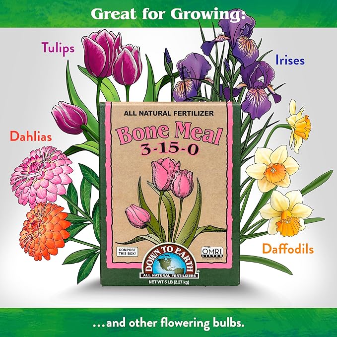Down To Earth All Natural Fertilizers Organic Bone Meal - High Phosphorus Plant Food for Buds, Bulbs, Blooms, Flowers 3-15-0, 5 lb