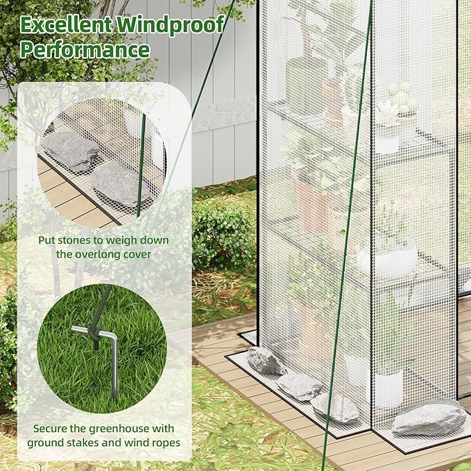 Superlele Walk-in Greenhouse for Outdoor, 56x29x77 Inch Portable Garden Green House with 6 Tiers (3 Tiers Each Side), Reinforced White PE Mesh Cover, 4 Ground Stakes for Stability, Zippered Door