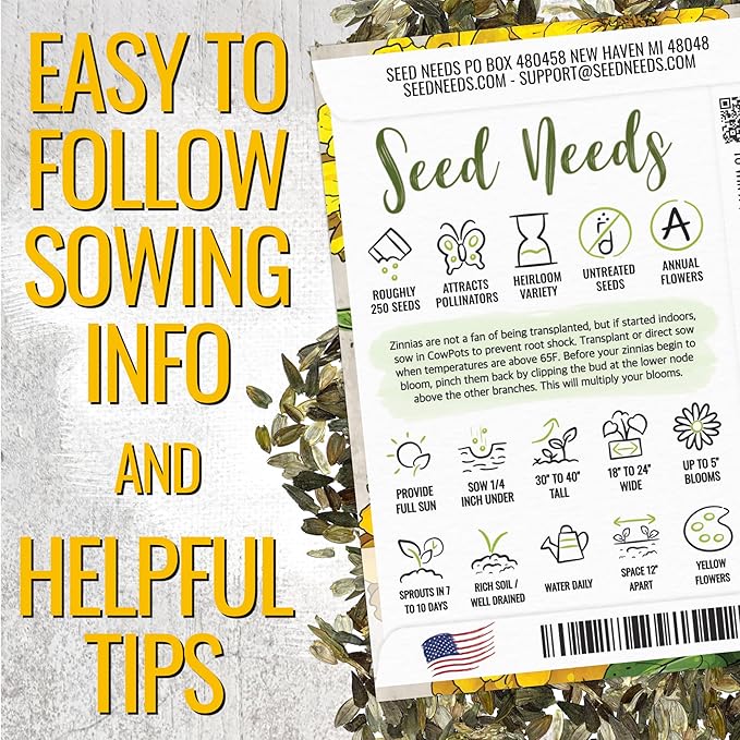 Seed Needs Zinnia Seeds for Planting Canary Bird Yellow Zinnias - Heirloom & Open Pollinated Annual Cut Flowers for a Butterfly Garden (1 Pack)