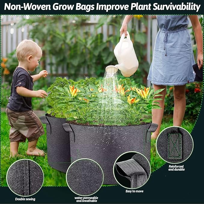 5 Pcs Grow Bags Plant Grow Bags Multi-Purpose Nonwoven Fabric Pots with Durable Handles,Outdoor Garden Plant Pots for Vegetables Fruits Flowers Herb Succulent Bonsai Plants