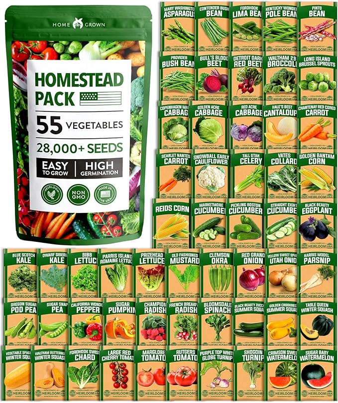 HOME GROWN 𝗨𝗦𝗔 𝗣𝗥𝗘𝗠𝗜𝗨𝗠 55 Vegetable Seeds Pack 28,000 & HOME GROWN 𝗨𝗦𝗔 𝗣𝗥𝗘𝗠𝗜𝗨𝗠 8 Onion Seeds for Planting – 1,600 Heirloom 𝗡𝗢𝗡-𝗚𝗠𝗢
