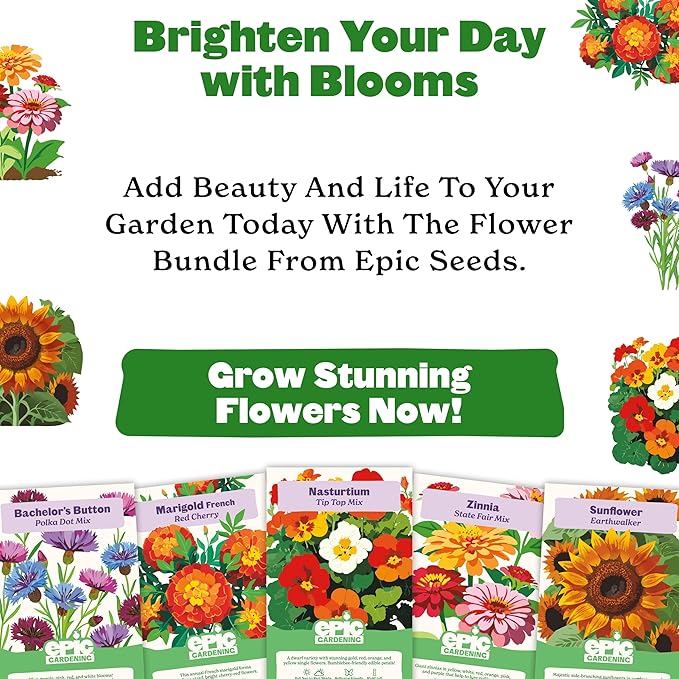 Epic Gardening Flower Garden Seed Collection - 5 Stunning Varieties, Includes Sunflowers, Zinnias, Nasturtiums & More, Brighten Your Garden with Blooms That Attract Pollinators Like Bees & Butterflies