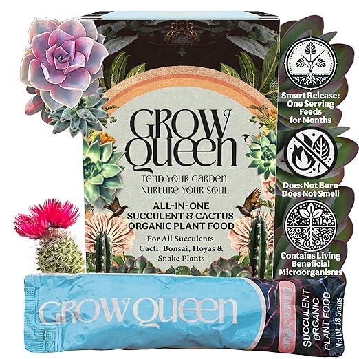 Grow Queen Complete Organic Cactus & Succulent Fertilizer, Succulent Plant Food & Cactus Food, Bonsai, Snake Plant Fertilizer, 11 Servings Fast & Slow Release Feeds up to 44 Plants 8 Months