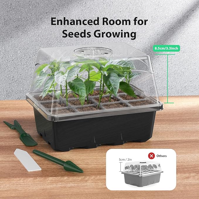 Seed Starter Tray, 10PCS Seed Starter Kit, Seedling Starter Trays with Heightened Lids for Seed Staring, Indoor Gardening Plant Germination Trays (12 Cells per Tray) Black