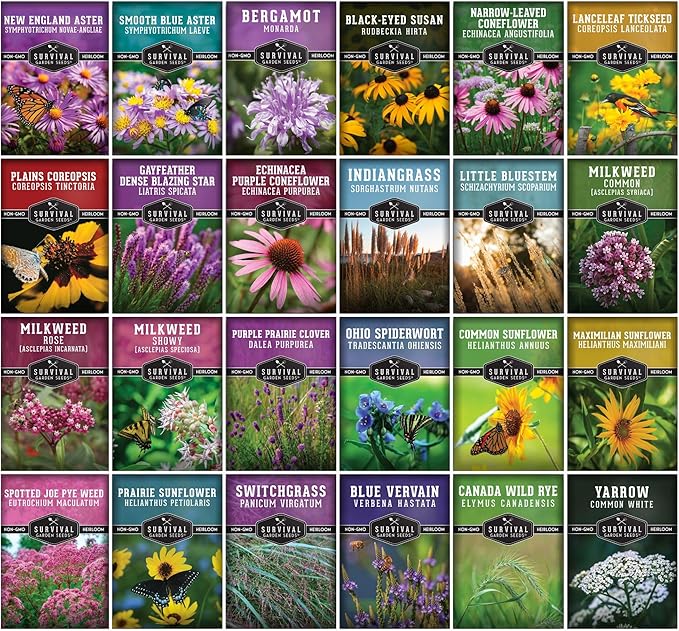 Native Plant Seeds for Planting 24 Variety Pack – Perennial & Annual North American Wildflowers for Butterfly & Bee-Friendly Pollinator Gardens – Non-GMO Heirloom – Survival Garden Seeds