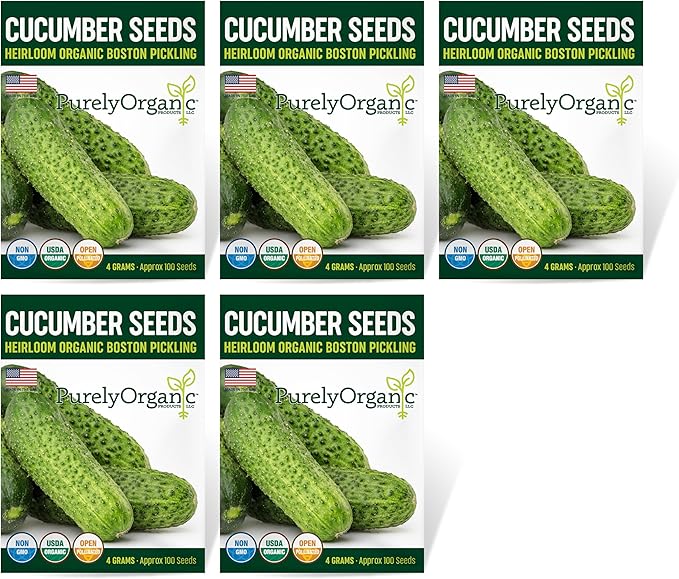 Purely Organic Products Boston Pickling Cucumber Seeds, Heirloom Organic, 3-6 inch Fruits (5 Packets - 20 Grams - Approx 500 Seeds)