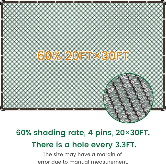 Xlimin 60% 20 X 30 FT Green Shade Cloth, Outdoor Woven Sun Shade with Grommets, Durable Breathable Netting Shading Antifreezing for Patio, Garden, DIY Home, Plants Cover, Greenhouse, Dog Kennel