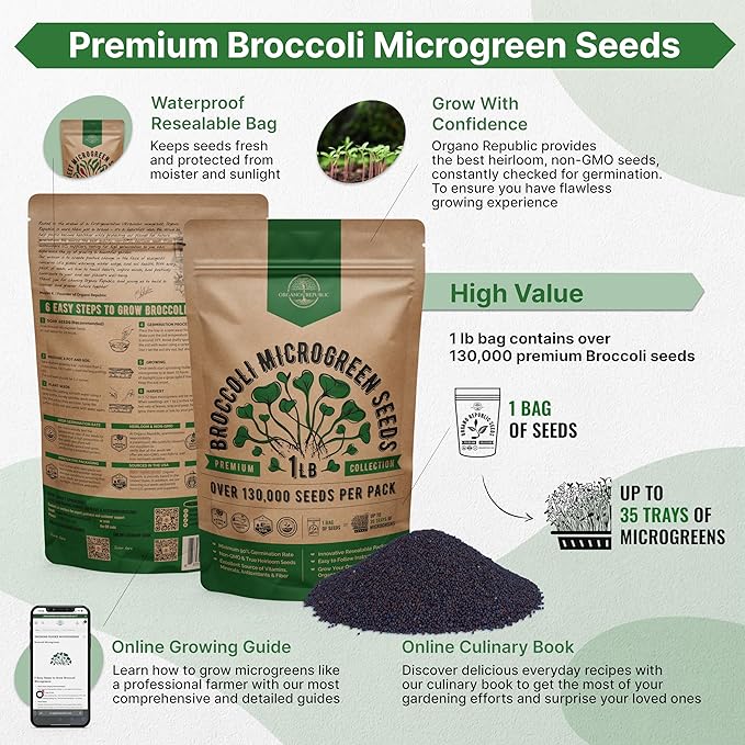 Organo Republic Broccoli Sprouting & Microgreens Seeds - Non-GMO, Heirloom Sprout Seeds Kit, 1lb Resealable Bag for & Growing Microgreens in Soil, Coconut Coir, Aerogarden & Hydroponic