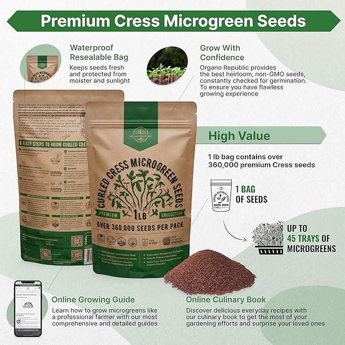Organo Republic Cress Sprouting & Microgreens Seed - 360,000 Non-GMO Heirloom Seeds, Sprouts in Bulk 1lb Resealable Bag for Planting & Growing Microgreens in Soil, Coconut Coir, Aeroponic & Hydroponic