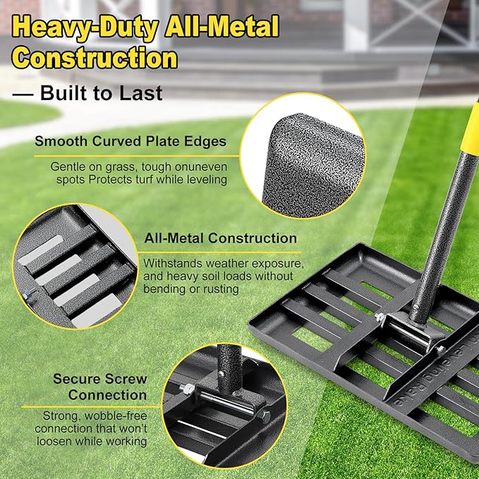 Lawn Leveling Rake, Heavy Duty 17" x 10" Stainless Steel Lawn Leveler for Soil Dirt Leveling Spreading,72" Adjustable Long Handle,Golf Field,Lawn,Tight Spot Landscaping Tool,Ground Leveler for Yard