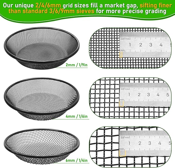 3Pcs 11.8" W Soil Sifter for Gardening, 2,4,6mm Grid Rock Sifter for 5 Gallon Bucket, Stainless Steel Fine Dirt Sifter, Compost Sifter for Capturing Dirt, Sand, Rocks, and Filtering Compost (Black)