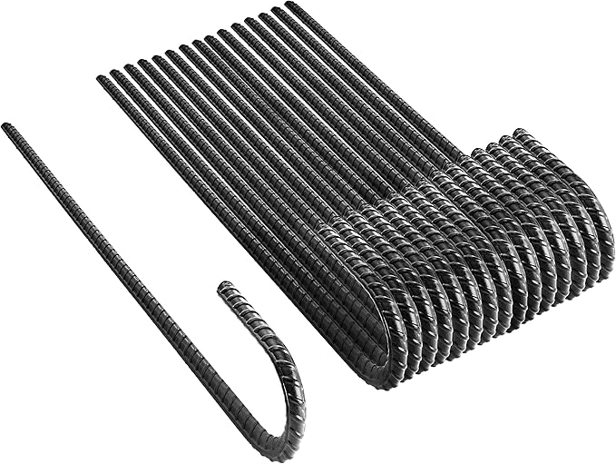 NHZ 12” Ground Rebar Stakes (16pcs) Heavy Duty J Hook Ground Anchors, Curved Steel Plant Support Garden Stake with Chisel Point end, Hammer for Camping Tent - Black Powder Coated