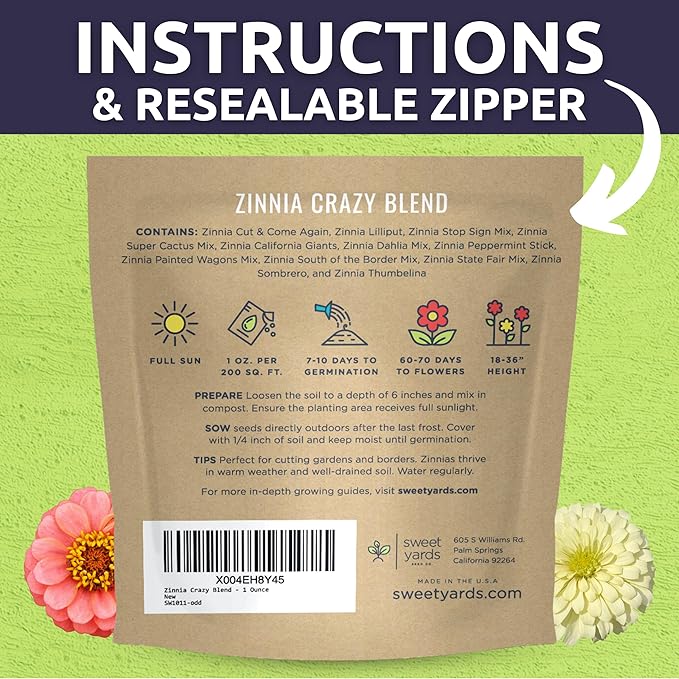 Zinnia Crazy Blend - Large 1 Ounce Packet - 4,000 Flower Seeds for Planting - Zinnia elegans