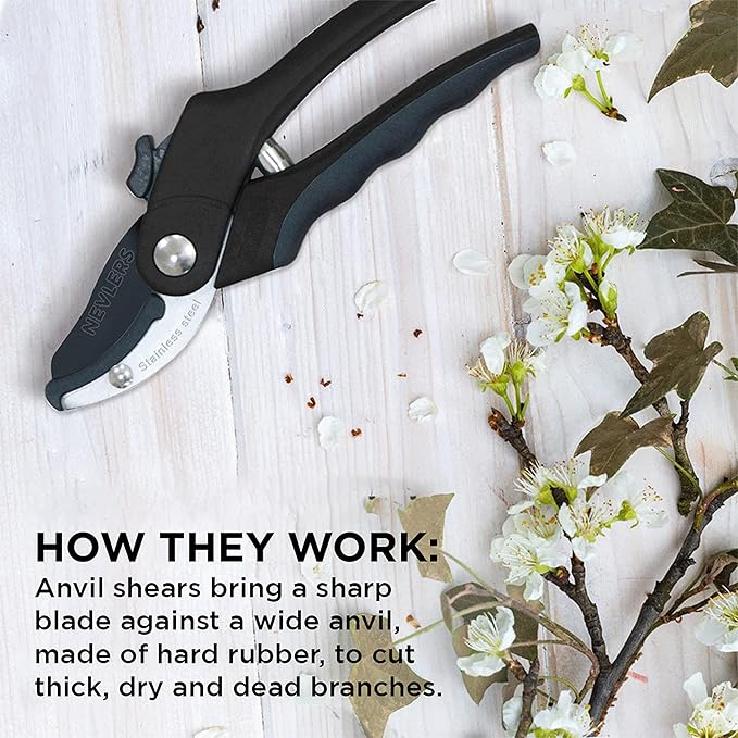 Nevlers 8" Anvil Pruning Shears for Gardening – Garden Shears with Stainless Steel Blades & 8mm Cut Capacity | Hand Pruners for Gardening | Ergonomic Garden Tools | Heavy Duty Scissors w/Safety Lock