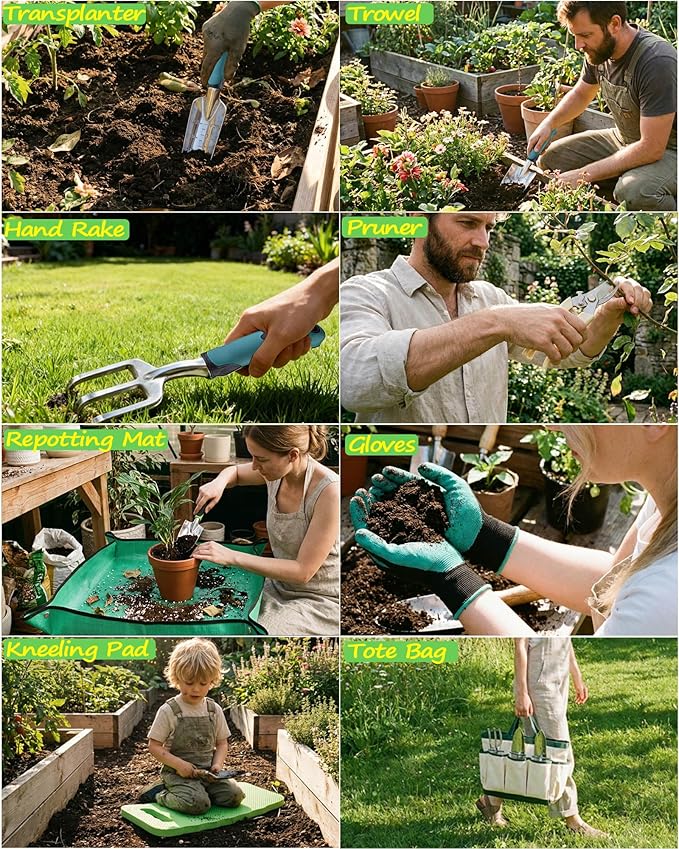 8-Piece Heavy-Duty Gardening Tools Set with Tote Bag - Rust-Proof Aluminum Gardening Hand Tools with Ergonomic Non-Slip Rubber Grips - Gardening Supplies Set Ideal Gift for Men & Women