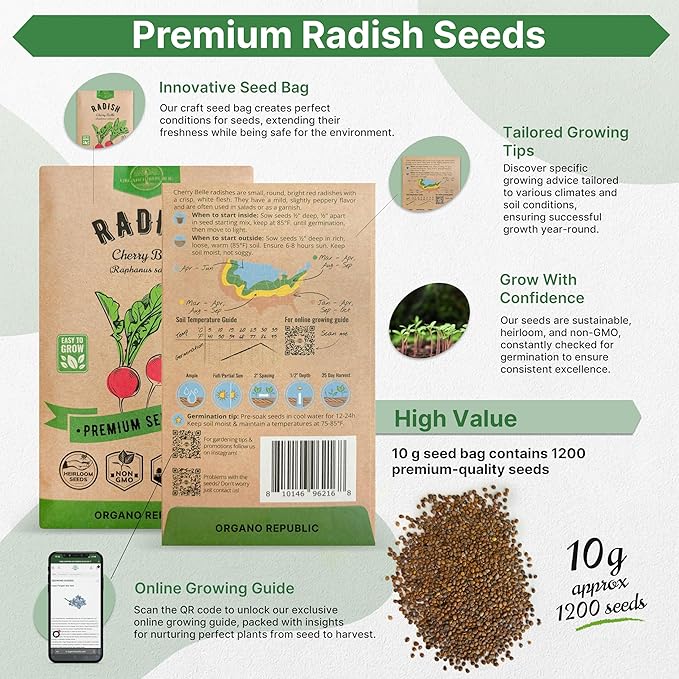 Cherry Belle Radish Seeds Pack 10 G - Over 1200 Non-GMO Heirloom Radish Seeds for Planting Vegetables in Individual Seed Packet, Vegetable Seeds for Planting Home Garden Indoor & Outdoor Gardening