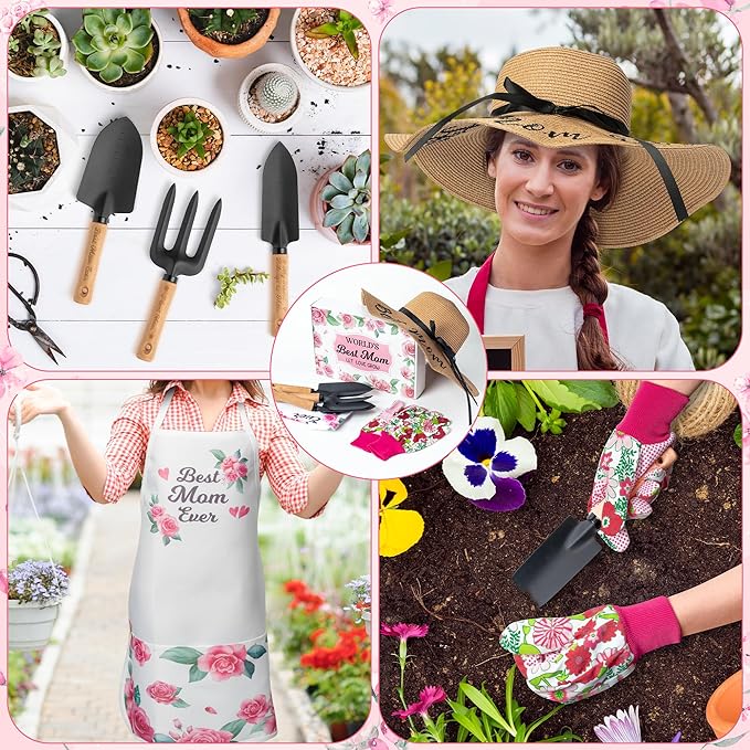 A1diee Mom Garden Tool with Box-Hand Rake Transplanter Apron Trowel Straw Hat Planting Gloves Gardening Set Outdoor Horticulture Starter for Best Mother in Law Plant Lover (Pink)