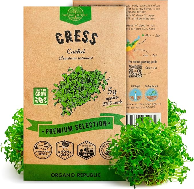 Organo Republic Curled Cress Seeds Pack 5G - Over 2,150 Non-GMO Heirloom Cress Seeds for Planting Greens in Individual Seed Packet, Greens Seeds for Planting Home Garden Indoor & Outdoor Gardening