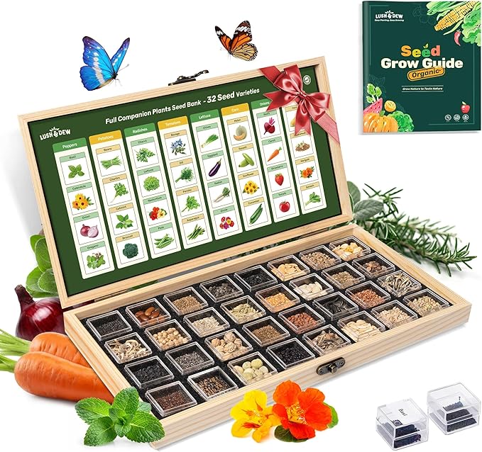 Lush&Dew Companion Plants Heirloom Seed Bank, Gardening Gifts for Women & Men, 32 Varieties 30,000+ Non-GMO Vegetable Seeds for Planting in Garden Bed Greenhouse, Survival Seed Kit for Food Supply