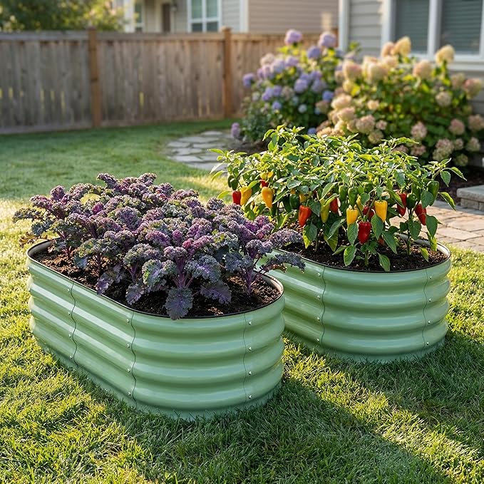SnugNiture Galvanized Raised Garden Bed Outdoor, 2 Pcs 4x2x1ft Oval Metal Planter Box for Planting Plants Vegetables, Green