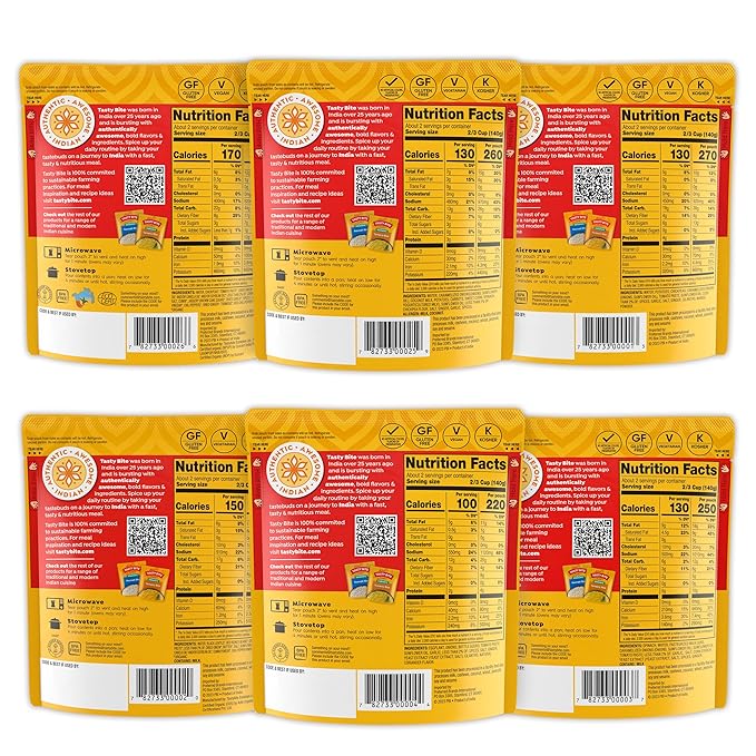 Tasty Bite Variety, Pack of 6, Bombay Potatoes, Kashmir Spinach, Punjab Eggplant, Channa Masala, Madras Lentils, Vegetable Korma