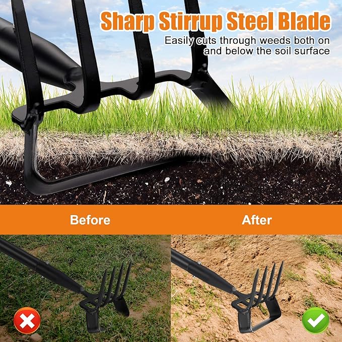 Garden Hoe with Cultivator Rake - Heavy Duty Stirrup Hoe Gardening Tool,Sharp Blade,82 Inch Adjustable Long Handle,Weed Grub Hoes for Fast Weeding,Grass Weeder Remover,Cultivating