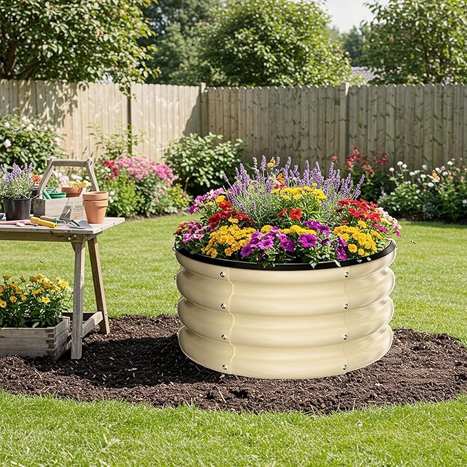 ZXZYHFTY Raised Garden Bed, 0.6 mm Galvanized Steel Round Planter Box with Open Bottom, White, 2 x 2 x 1 FT, 1 Pack