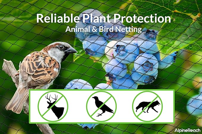 AlpineReach Garden Netting 7.5 x 65 ft Heavy Duty Bird Net, Deer, Plant Protection Extra Strong Woven Mesh, Reusable Kit with Zip Ties, Animal Fencing for Fruits Trees, Black