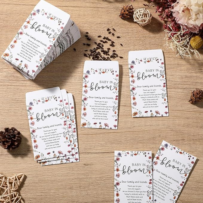 Fumete 50 Pcs Baby Shower Seed Packet Self Adhesive Kraft Envelopes Baby in Bloom Seed Storage Packets Mini Kraft Retro Paper Organizer for Gender Reveal Party, No Seeds(Cute)