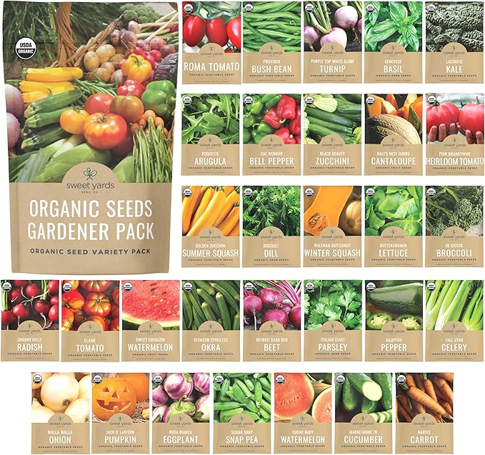 Organic Seeds Gardener Variety Pack - 30 Individual Packs - 2026 Season - Arugula, Basil, Winter Squash, Nantes Carrots and More! for Indoor & Outdoor Planting (Non-GMO, Certified Organic)