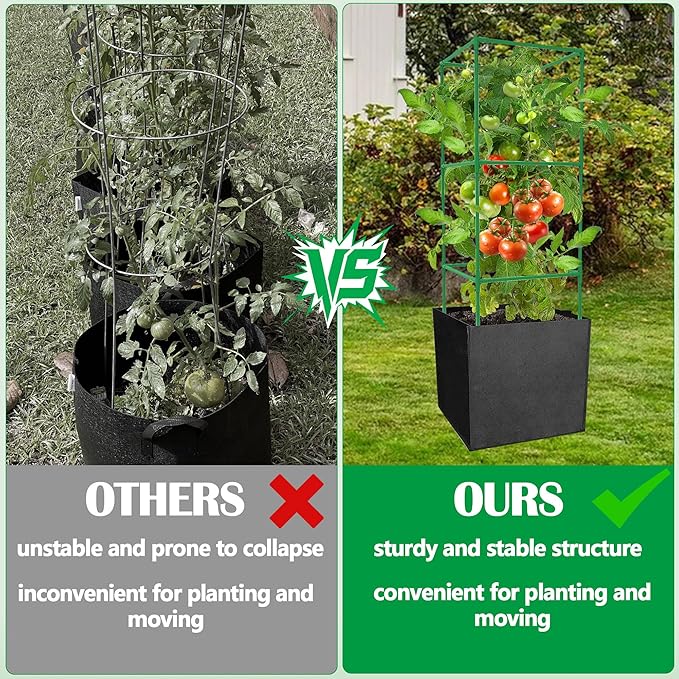 3 Packs 47 x 16 x 16 Inch Garden Tomato Cages with 17 Gallon Grow Bags- Square Plant Support Trellis Assembled with Planter Bags- Garden Cucumber Vegetables Frames for Vertical Climbing Plants