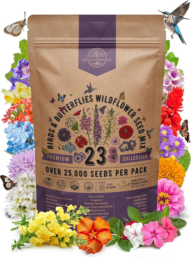 Organo Republic 23 Wildflower Seeds Annual & Perennial Mix for Indoor & Outdoors, Attract Birds & Butterflies 25,000+ Non-GMO, Heirloom Garden Seeds, 1oz Packet for Growing Wild Flowers