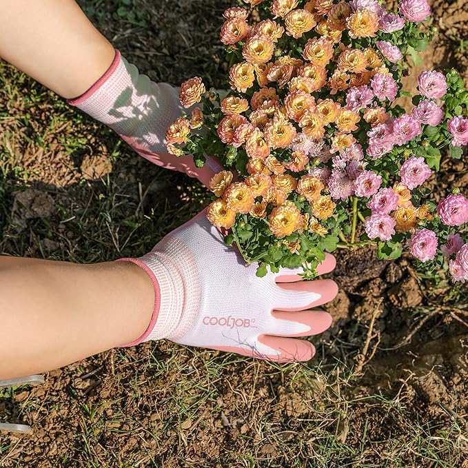 COOLJOB 2 Pairs Gardening Gloves for Women Ladies, Breathable Rubber Coated for Yard Garden, Outdoor Indoor Protective Work with Grip, Medium Size, Blue & Pink
