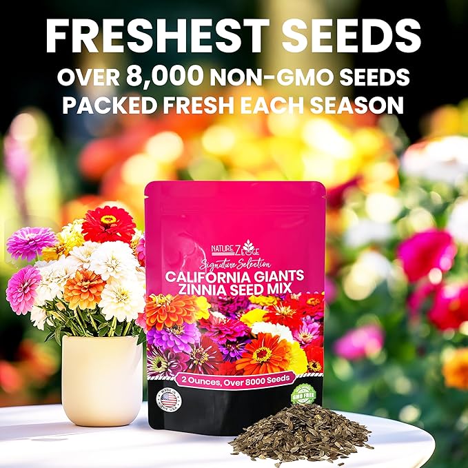 NatureZ Edge Zinnia Seeds for 2026 Planting Outdoors, Over 8250 Flower Seeds, 2 Oz, Non GMO Made in USA, Bulk Semillas De Flores para Sembrar, California Giants, Easy to Grow Zinnia Seed Mix