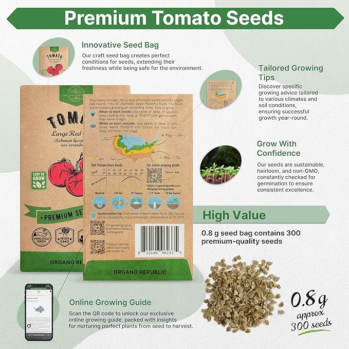 Tomato Large Cherry Seeds Pack 0.8 G - Over 300 of Non-GMO Heirloom Tomato Seeds for Planting Vegetables in Individual Seed Packet, Vegetable Seeds for Planting Home Garden Indoor & Outdoor Gardening