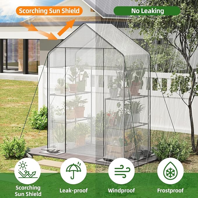 Superlele Walk-in Greenhouse for Outdoor, 56x29x77 Inch Portable Garden Green House with 6 Tiers (3 Tiers Each Side), Reinforced White PE Mesh Cover, 4 Ground Stakes for Stability, Zippered Door
