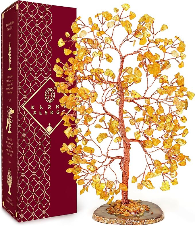 KARMAPLEDGE Citrine Crystal Tree of Life, Healing Crystals and Stones Tree for Home and Office Desk Decoration, Positive Energy, Money, Good Luck, Handmade Feng Shui Spiritual Gifts for Women