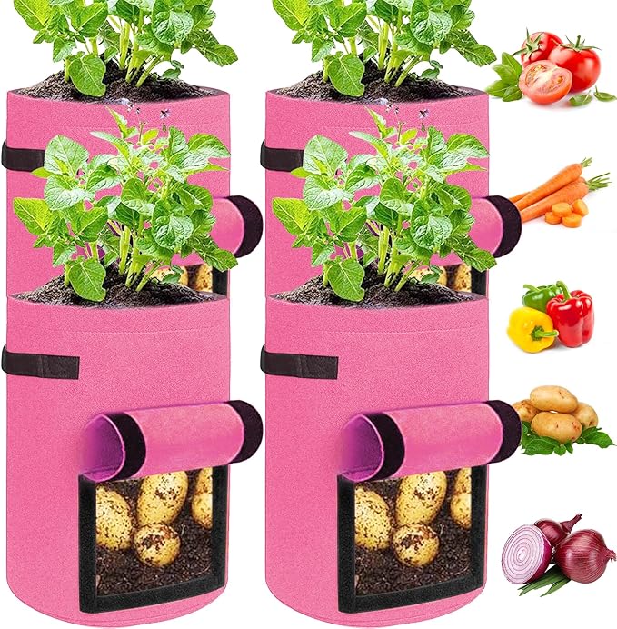 JJGoo 4 Pack Potato Grow Bags 10 Gallon with Flap, Heavy Duty Fabric with Handle and Harvest Window, Non-Woven Planter Pot Plant Garden Bags to Grow Vegetables Tomato, Rose Red