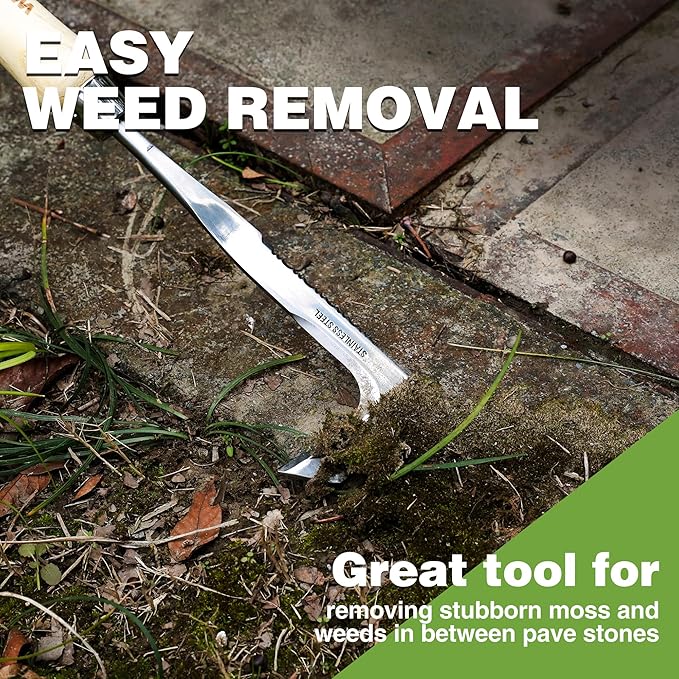 WORKPRO Crack Weeder, 12" Stainless Steel Crevice Weeding Tool with Ash Wooden Handle, L-Shaped Side-Walk Weed Puller Spatula, for Garden Lawn Yard Patio Terrace Paving Moss Garden Tool