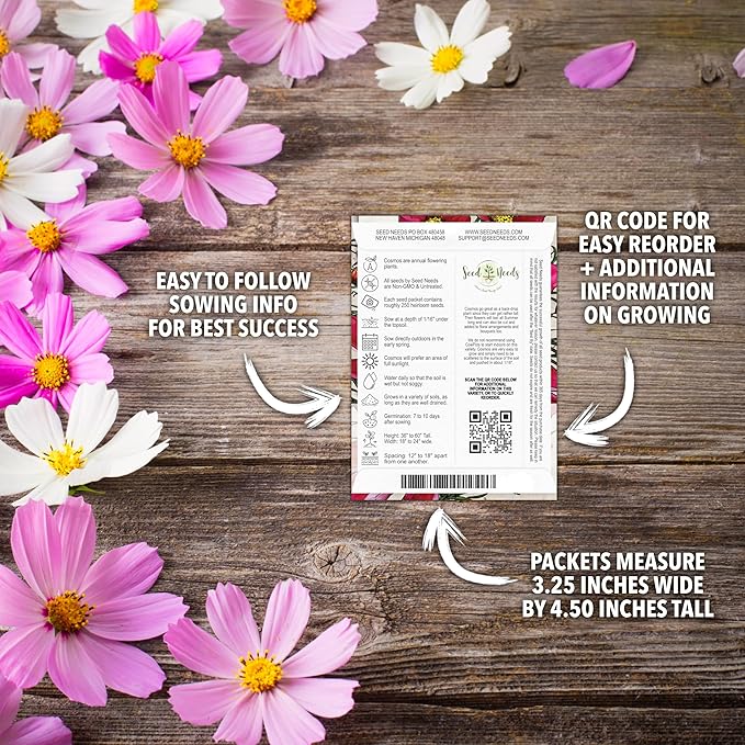 Seed Needs, Cosmos Seed Packet Variety Pack Collection (8 Individual Cosmos Wildflowers for Planting) Heirloom & Open Pollinated