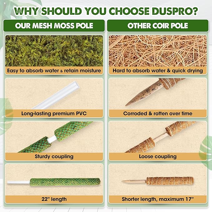 DUSPRO Green Stackable Mesh Moss Pole for Plants Climbing Vine Supporting Monstera Trellis, for Indoor Plants Extendable Plant Pole Moss Sticks, for Plants Monstera Potted Plant Stakes 1 Pack 22''